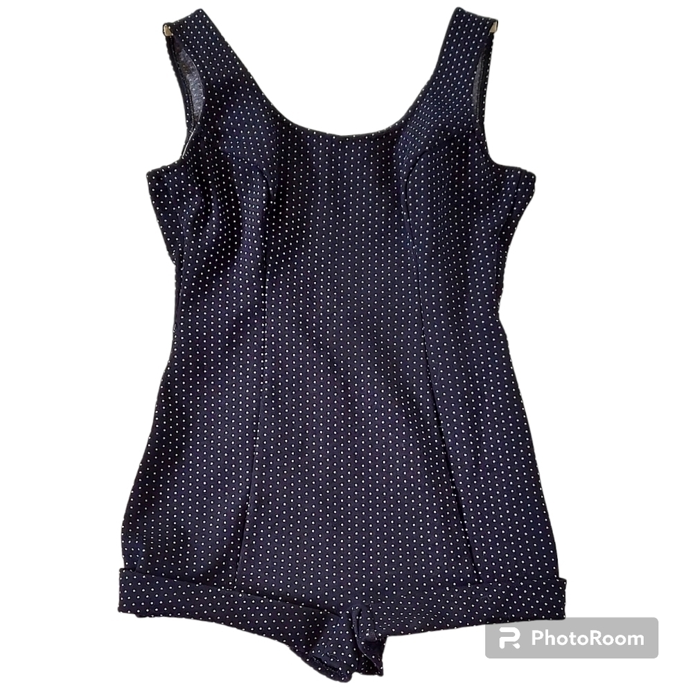 Vtg 40s‎ 50s Bradley Black White Polka Dot  Boy Leg Low Back One Piece Swimsuit